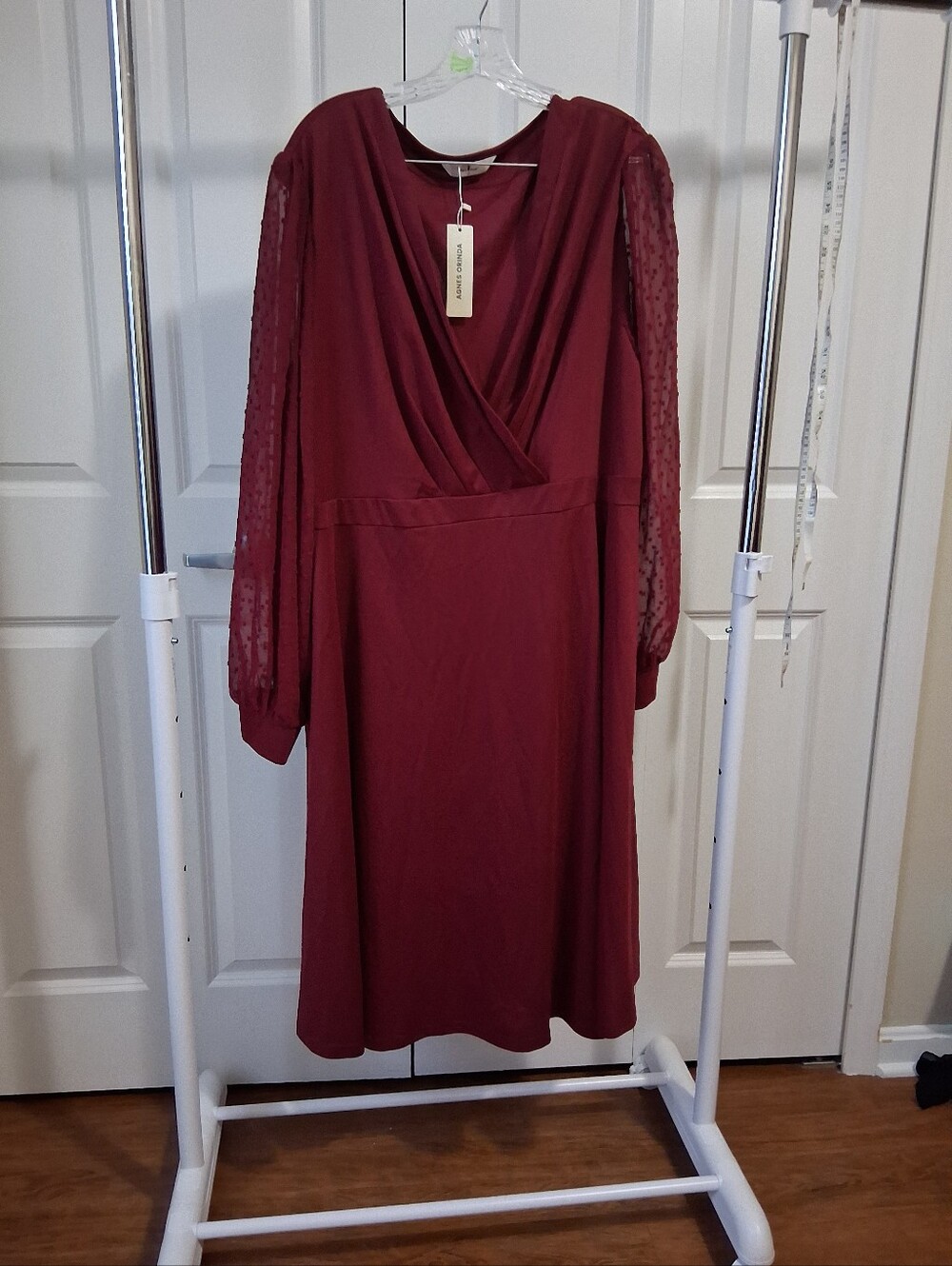 Wrap-Front Burgundy Midi Dress with Sheer Dot Sleeves